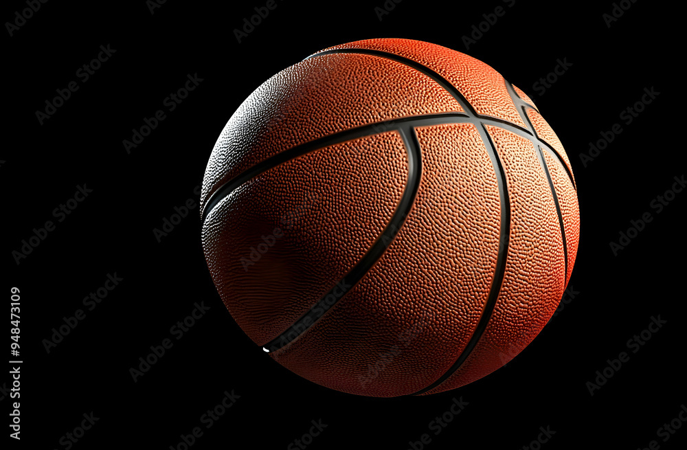 Basketball in stark contrast against a black background,