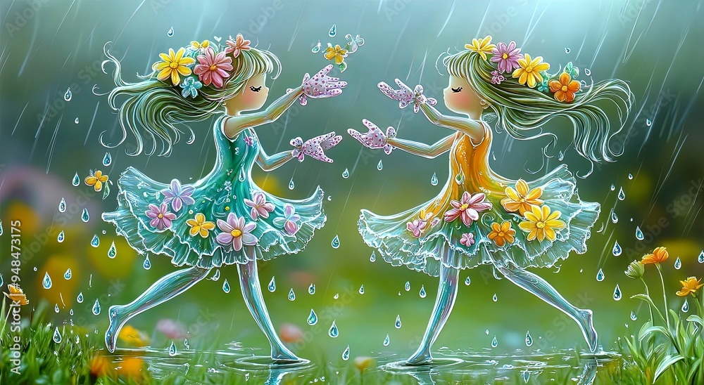 Two girls in flower dresses dance in the rain, water droplets falling around them. Two girls in flower dresses dance in the rain, water droplets falling around them.