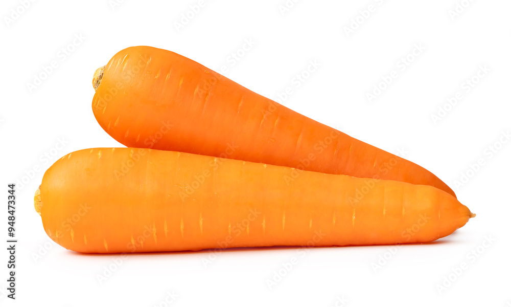 Side view of two roots of fresh orange carrot in stack isolated on white background with clipping path Side view of two roots of fresh orange carrot in stack isolated on white background with clipping path