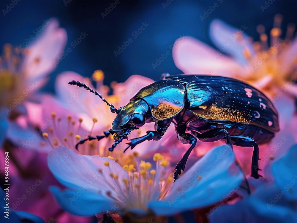 Fototapeta premium A close-up of a shiny iridescent beetle perched on a delicate pink flower, with a blurred background of other blossoms, creating a sense of beauty and tranquility.