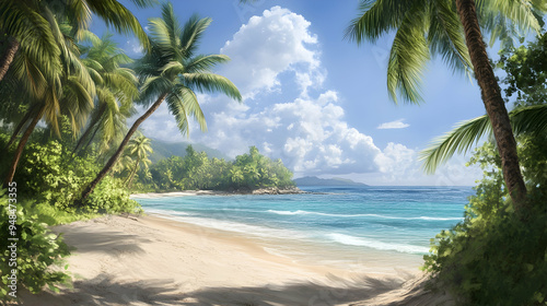 Beautiful Beach with Palm Trees and Turquoise Sea,