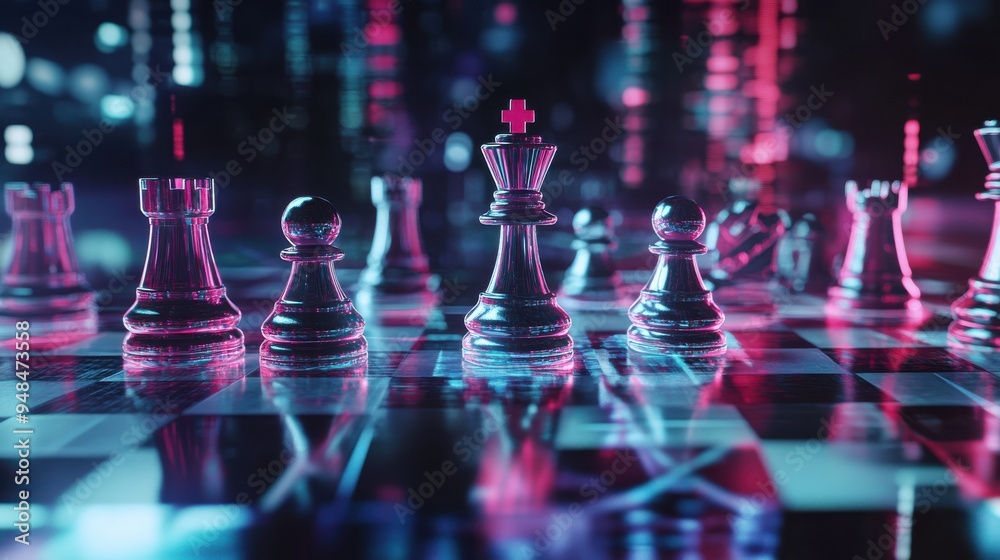 A vibrant and modern chess scene with colorful lighting, showcasing intricate glass chess pieces on a reflective board. A vibrant and modern chess scene with colorful lighting, showcasing intricate glass chess pieces on a reflective board.