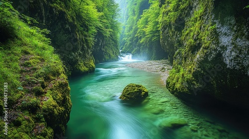 Vintgar Gorge Serenity: A breathtaking view of Vintgar Gorge near Bled, Slovenia, showcasing the crystal-clear Radovna River flowing through lush, green scenery.