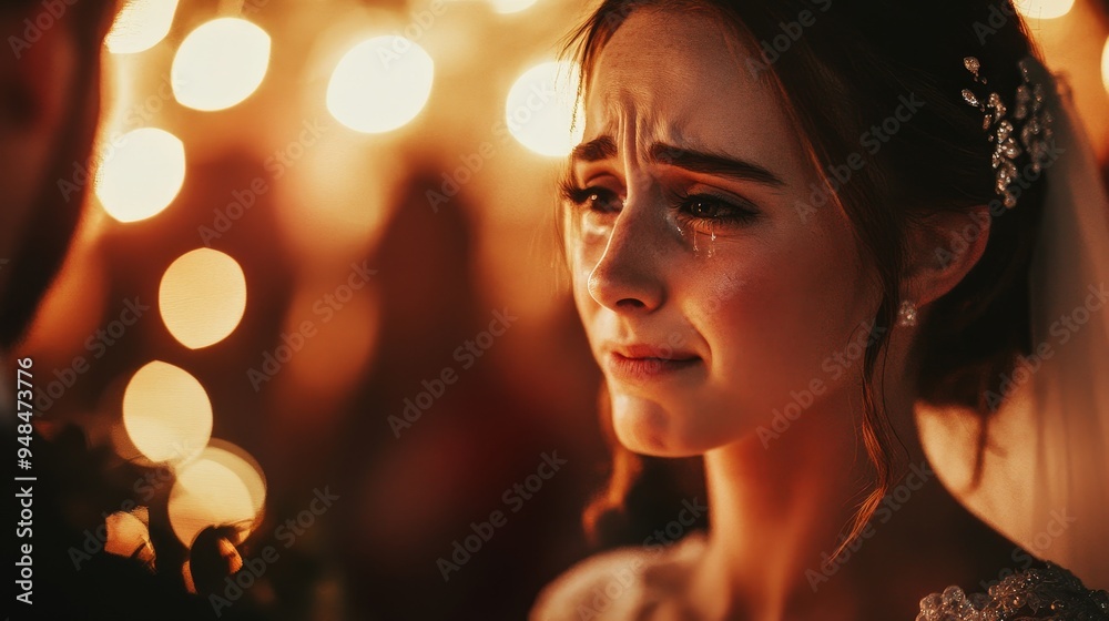 An emotional bride in a dimly lit atmosphere, capturing the essence of love and vulnerability during a heartfelt moment. An emotional bride in a dimly lit atmosphere, capturing the essence of love and vulnerability during a heartfelt moment.