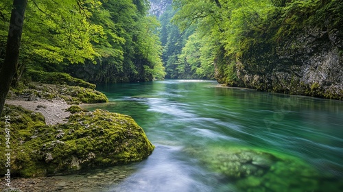 Vintgar Gorge Tranquility: Serene scene of the Radovna River flowing gently through Vintgar Gorge, with its emerald waters and verdant surroundings.