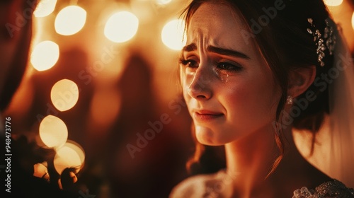 An emotional bride in a dimly lit atmosphere, capturing the essence of love and vulnerability during a heartfelt moment.