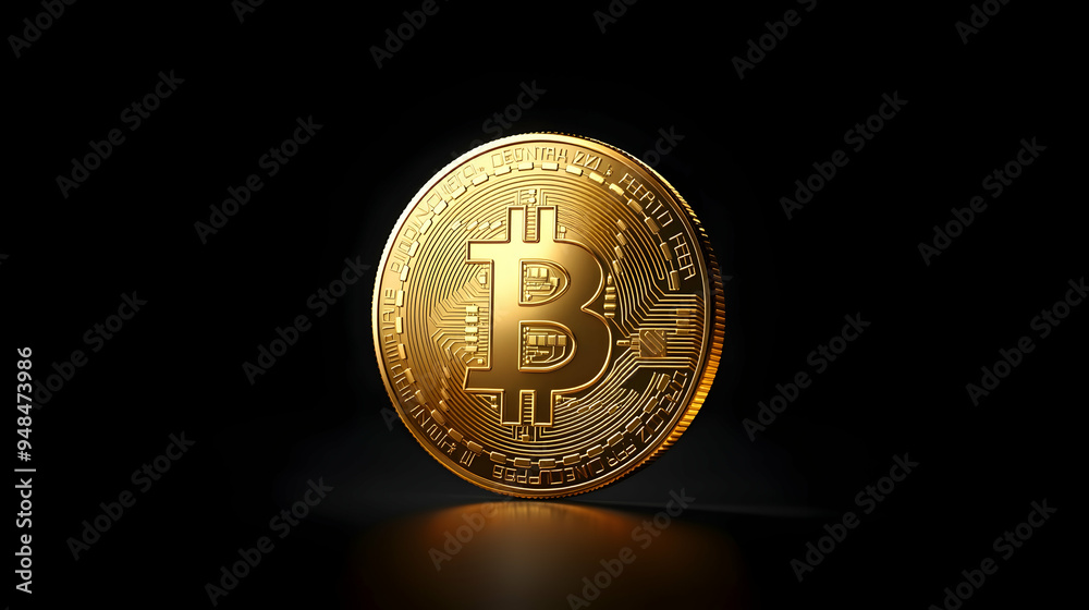 Bitcoina??s golden coin gleaming on a sleek black surface, evoking the allure of digital wealth.