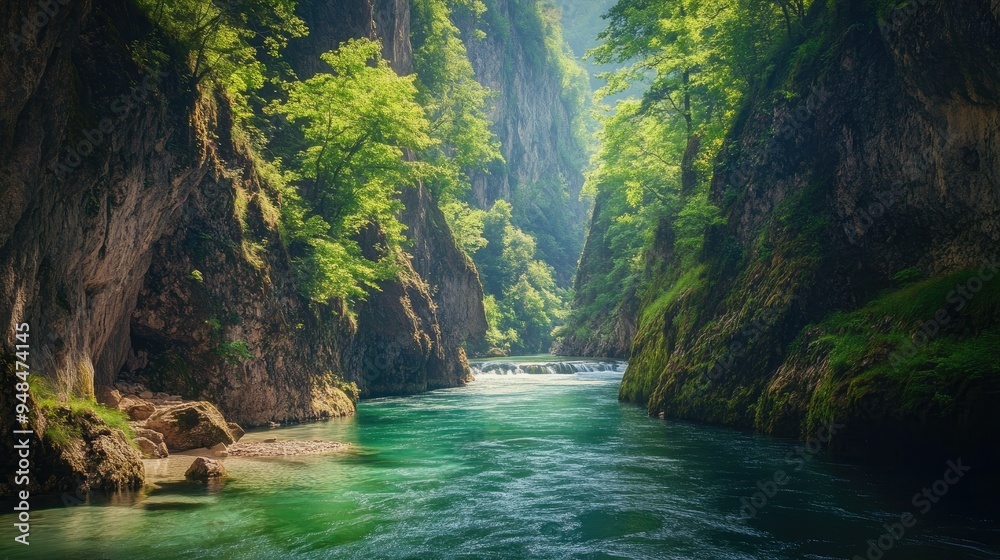 Fototapeta premium Vintgar Gorge's Beauty: Scenic shot of the Radovna River flowing through the lush Vintgar Gorge, surrounded by towering cliffs and vibrant vegetation.