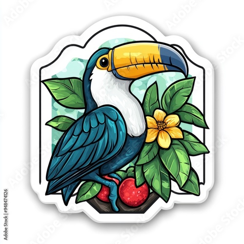 Colorful Toucan Bird with Tropical Plants and Flowers Illustration photo