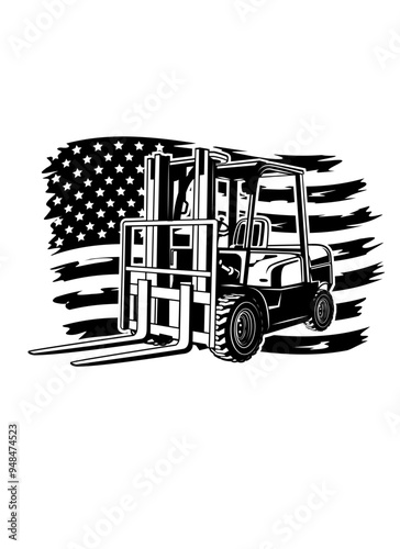 US Forklift | Patriotic Vehicle | Heavy Equipment | Hydraulic Machine | Warehouse Vehicle | Heavy Lift | Operator Dad | US Flag | Original Illustration | Vector and Clipart | Cutfile and Stencil