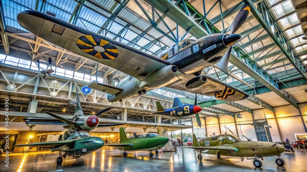Historic World War II-era fighter aircraft suspended from the ceiling of a vast museum exhibition space, surrounded by other iconic aviation artifacts on display. Historic World War II-era fighter aircraft suspended from the ceiling of a vast museum exhibition space, surrounded by other iconic aviation artifacts on display.