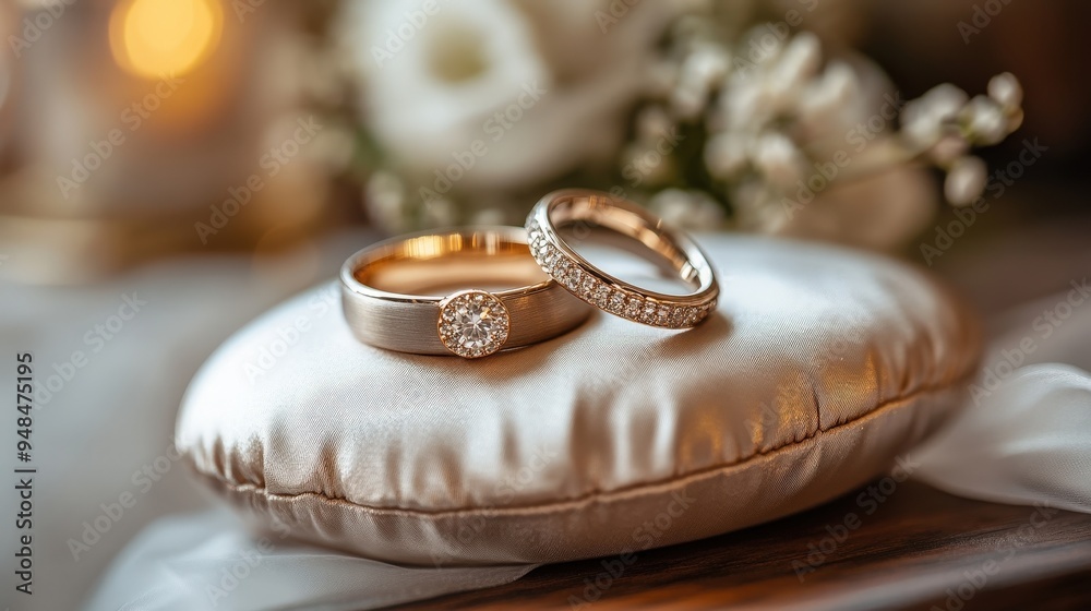 Elegant wedding rings displayed on a soft cushion, surrounded by beautiful flowers and soft lighting, symbolizing love and commitment. Elegant wedding rings displayed on a soft cushion, surrounded by beautiful flowers and soft lighting, symbolizing love and commitment.
