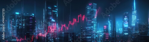A vibrant night scene of a futuristic city skyline with glowing buildings and a rising stock market graph.