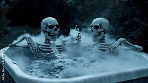 Two skeletons relaxing in a hot tub filled with fog, holding a drink, creating an eerie and humorous atmosphere.