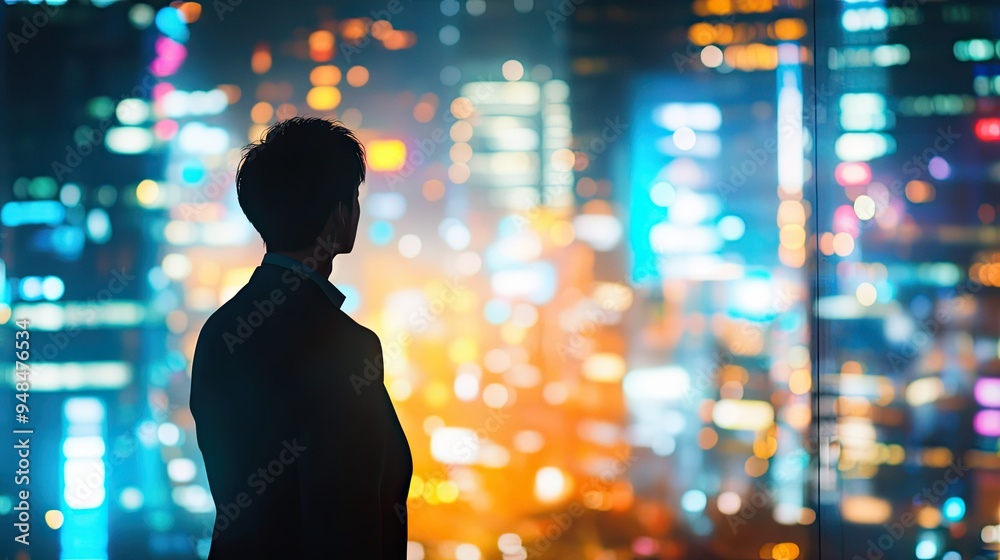 Young businessman's silhouette side view against a bright city at night, symbolizing the ambition of corporate life. Young businessman's silhouette side view against a bright city at night, symbolizing the ambition of corporate life.
