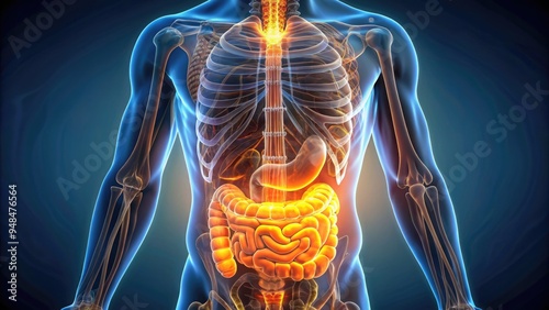 Illuminated 3D illustration of the human digestive system, showcasing the stomach and intestines in intricate detail, with a warm color scheme and subtle texture.