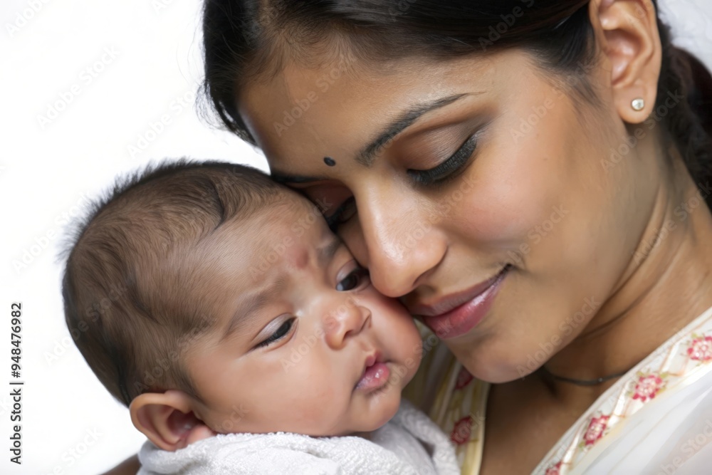 Indian Woman with Baby in Arms - Indian mother holding her baby in her arms, displaying tenderness and affection.
Indian Woman with Baby in Arms - Indian mother holding her baby in her arms, displaying tenderness and affection.