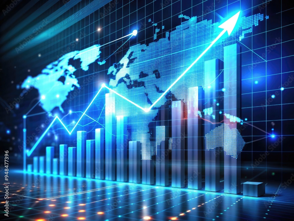 Illuminated virtual hologram graph depicts accelerating stock market growth and profits, symbolizing business success, progress, and the powerful impact of compound interest on investments. Illuminated virtual hologram graph depicts accelerating stock market growth and profits, symbolizing business success, progress, and the powerful impact of compound interest on investments.