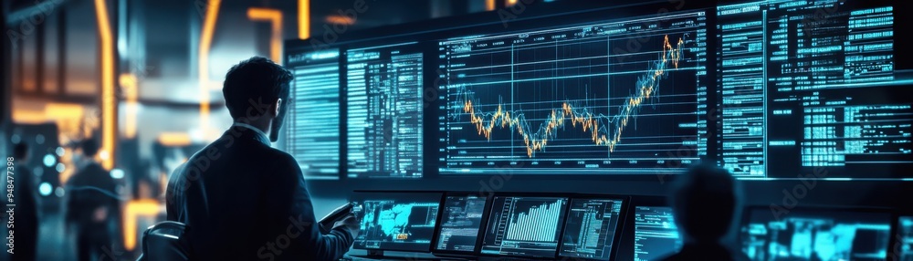 Business professional analyzing financial data on multiple screens in a modern trading room. Business professional analyzing financial data on multiple screens in a modern trading room.