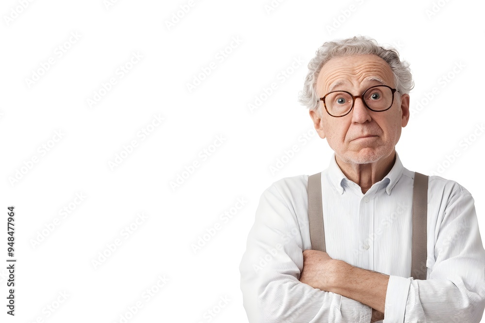 Thoughtful and Serious Elderly German Man Wearing Suspenders Displays a Product with Confidence Against a Clean White Background in this 3D Digital Rendering Thoughtful and Serious Elderly German Man Wearing Suspenders Displays a Product with Confidence Against a Clean White Background in this 3D Digital Rendering