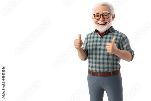 Cheerful Elderly German Man Giving Enthusiastic Thumbs up in 3D Portrait Against White Background Smiling Senior Adult with Gray Hair and Beard Showing Positive Gesture of Confidence and Optimism