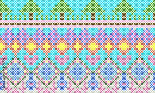 Embroidery pattern. Colorful background.Zig-zag Woven yarn knit vector seamless pattern. textile. Craft knitted fabric texture ornament. Thread knitting fashion pattern. Traditional crochet nordic