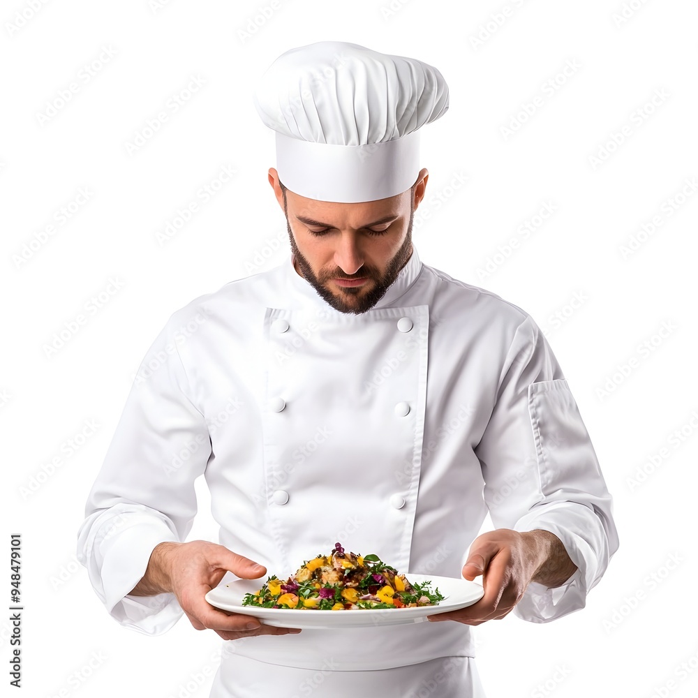 Passionate and skilled chef expertly preparing a gourmet dish with precise culinary techniques and presentation on a clean clinical white background in a professional kitchen or studio setting Passionate and skilled chef expertly preparing a gourmet dish with precise culinary techniques and presentation on a clean clinical white background in a professional kitchen or studio setting