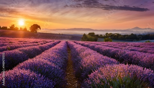 Lavender Fields at Dawn Rows of vibrant lavender stretch towards the horizon, bathed in the golden light of sunrise, creating a picturesque scene of tranquility and serenity.