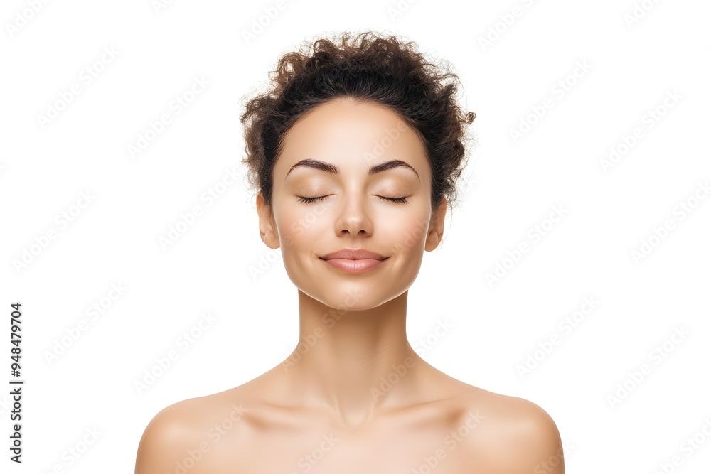 a woman with a peaceful relaxed expression and closed eyes meditating against a pure white background The image conveys a sense of tranquility self care and spiritual well being a woman with a peaceful relaxed expression and closed eyes meditating against a pure white background The image conveys a sense of tranquility self care and spiritual well being