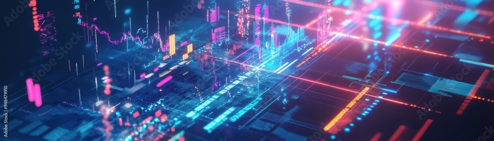 Dynamic abstract digital background with vibrant neon lights and intricate patterns, perfect for technology themes.