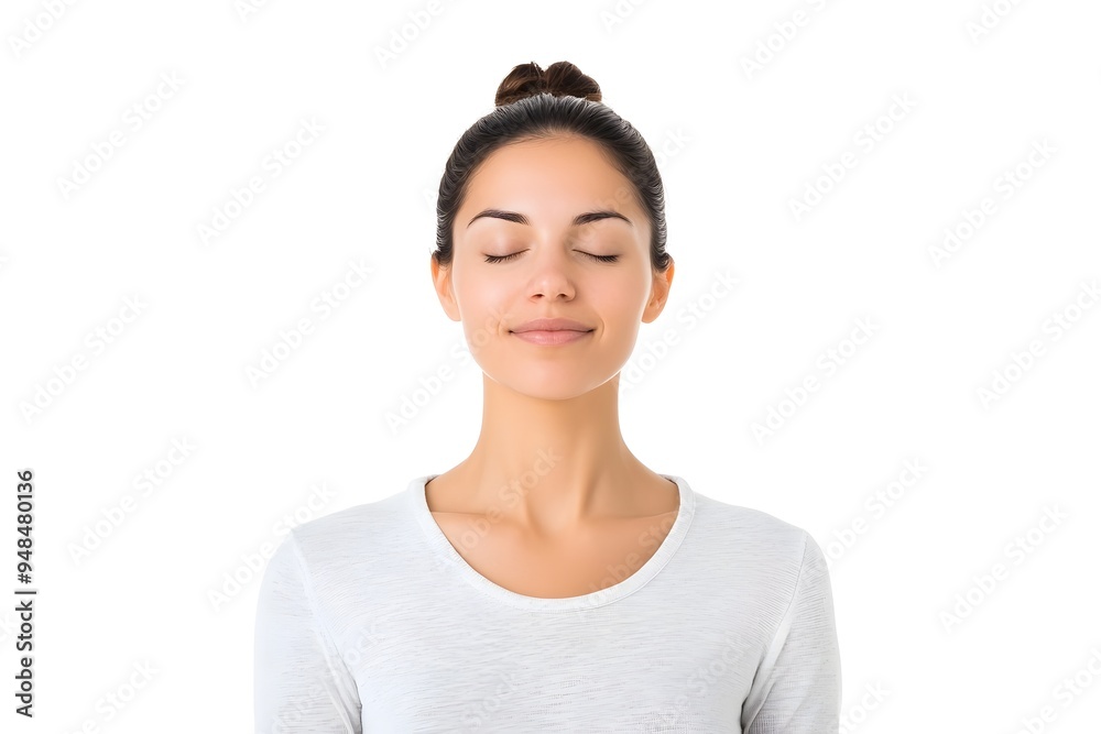 A peaceful and serene woman meditating with her eyes closed showcasing a calm and blissful expression on a clean white background This 3D rendering depicts the concept of mindfulness wellness A peaceful and serene woman meditating with her eyes closed showcasing a calm and blissful expression on a clean white background This 3D rendering depicts the concept of mindfulness wellness