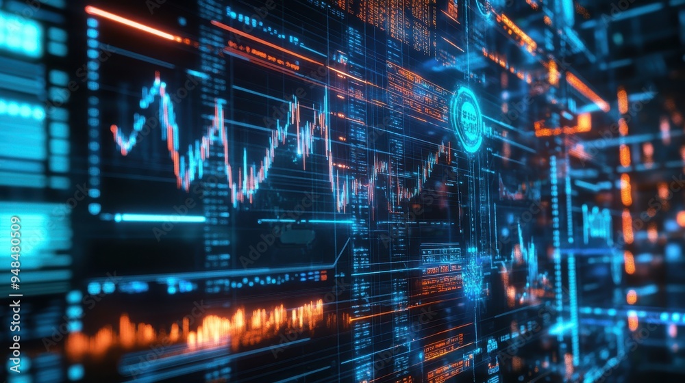 Dynamic digital data visualization with glowing graphs and charts representing financial trends and statistics in technology. Dynamic digital data visualization with glowing graphs and charts representing financial trends and statistics in technology.