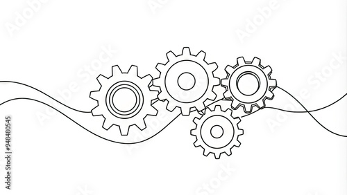 Intricate continuous line drawing of interlocking gears in motion, symbolizing mechanical harmony, productivity, and innovation, with bold black lines on a clean white background. photo