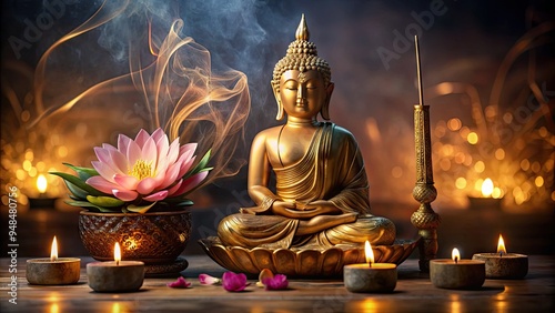 Intricately carved, ornate, golden Buddha statue on a velvet pedestal, surrounded by lotus flowers, incense sticks, and soft, warm candlelight, evoking serenity and enlightenment.