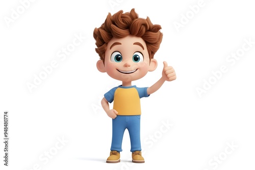 Cheerful Boy Giving Friendly Thumbs Up in 3D Rendering Smiling happy and energetic young child character in a playful positive and joyful expression against a clean white background