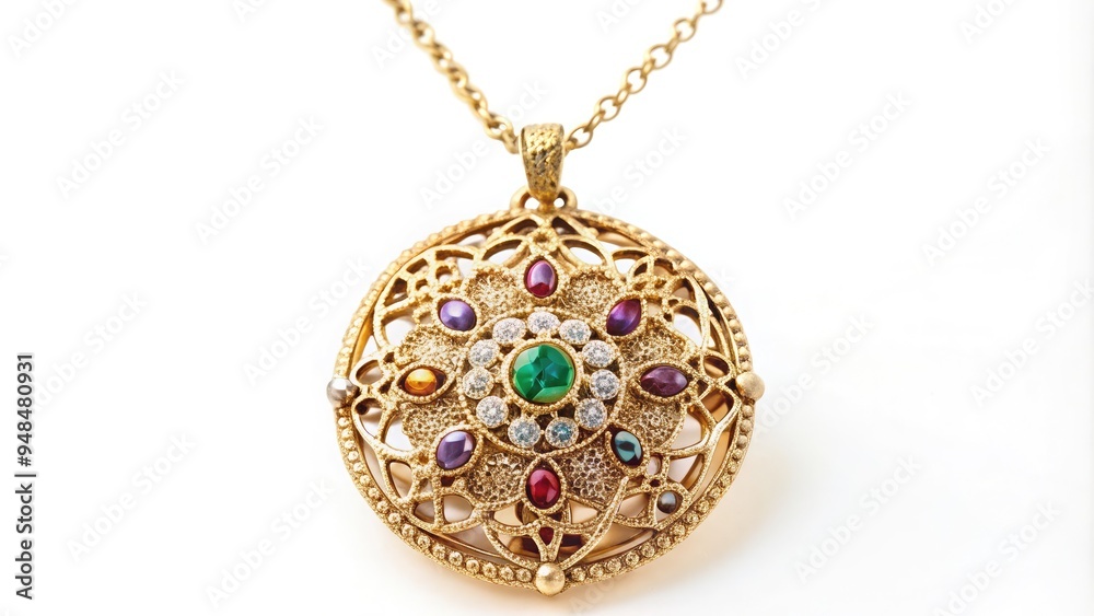 Intricately crafted, unique pendant featuring delicate filigree and vintage-inspired charm, adorned with small gemstones, suspended from a dainty chain, showcasing exquisite artisanal jewelry Intricately crafted, unique pendant featuring delicate filigree and vintage-inspired charm, adorned with small gemstones, suspended from a dainty chain, showcasing exquisite artisanal jewelry