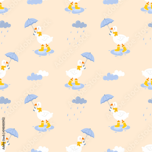 Seamless pattern with cute character, walking goose with umbrella, scarf and rain boots in nature. Funny goose, duck in the rain. Kids pattern. Hand drawn, vector, flat, cartoon style.