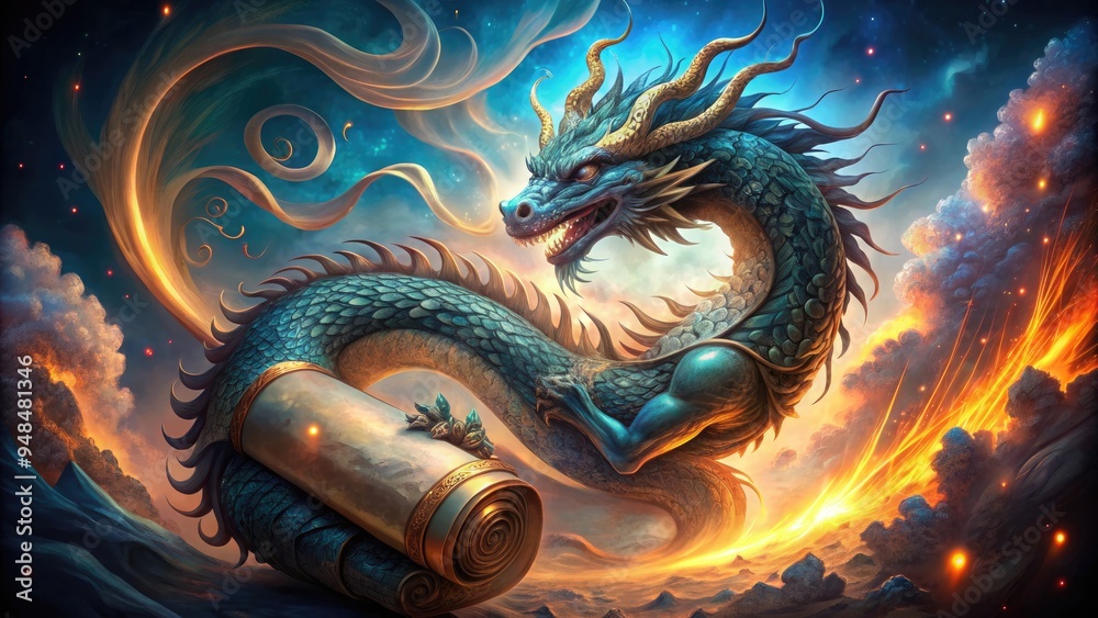 Intricately designed mythical dragon wrapped around a ancient scroll, adorned with mystical runes and celestial bodies, exuding wisdom and ancient mysticism in a fantasy realm. Intricately designed mythical dragon wrapped around a ancient scroll, adorned with mystical runes and celestial bodies, exuding wisdom and ancient mysticism in a fantasy realm.