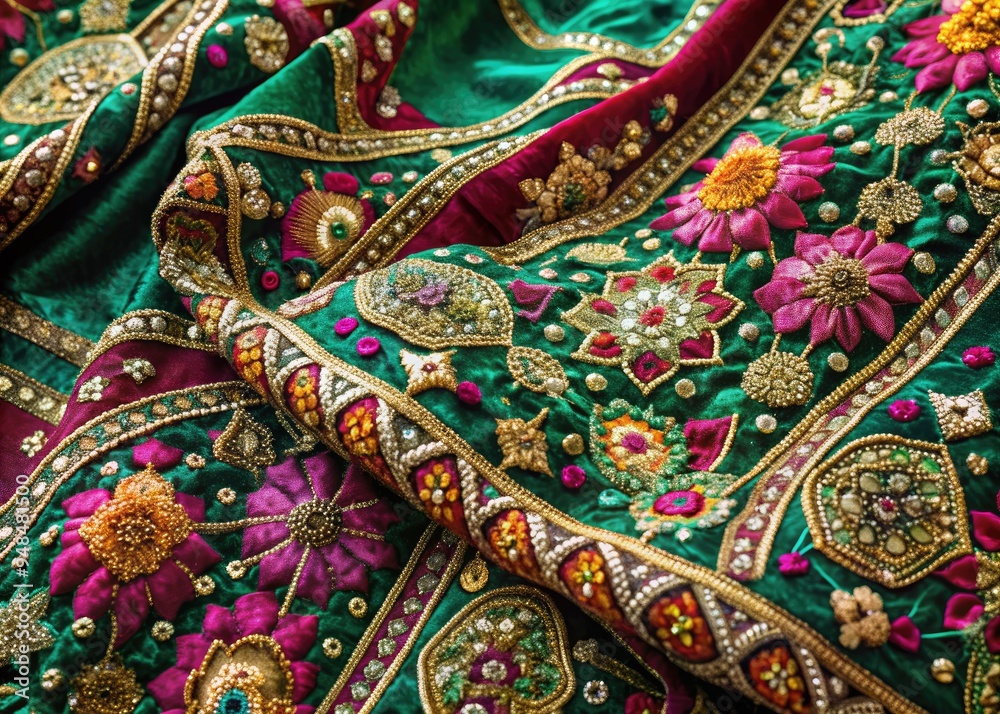 Intricately patterned and vibrant Indian saree fabric fills the frame, showcasing exquisite embroidery, geometric motifs, and ornate designs on a rich, velvety background. Intricately patterned and vibrant Indian saree fabric fills the frame, showcasing exquisite embroidery, geometric motifs, and ornate designs on a rich, velvety background.