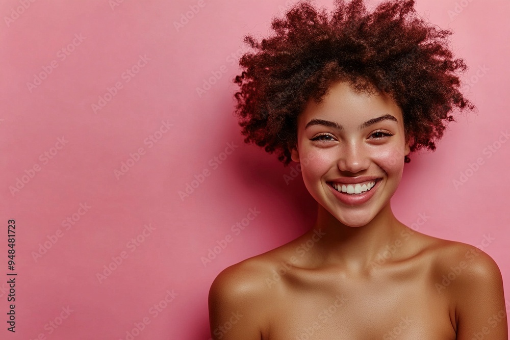A cheerful young woman flashes a bright smile against a pink backdrop, showcasing her clear, radiant skin and natural beauty. Perfect for wellness, skincare, and positivity concepts. generative ai A cheerful young woman flashes a bright smile against a pink backdrop, showcasing her clear, radiant skin and natural beauty. Perfect for wellness, skincare, and positivity concepts. generative ai