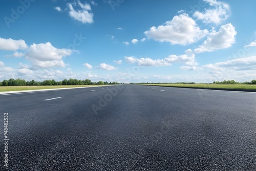 Breathtaking panoramic view of an empty asphalt road cutting through a vast picturesque countryside landscape featuring a lush green field and clear blue sky with wispy clouds