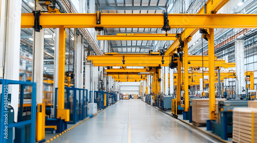 Modern Factory with Yellow Overhead Cranes and Automated Production Lines