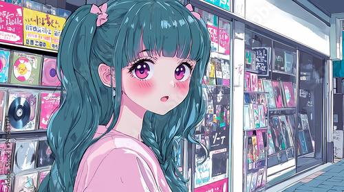 Anime girl with teal hair is happily exploring vinyl records at a japanese music shop