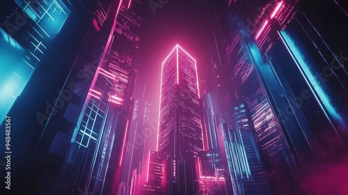 Futuristic cityscape with vibrant pink and blue neon lights illuminating tall skyscrapers in a cyberpunk atmosphere.