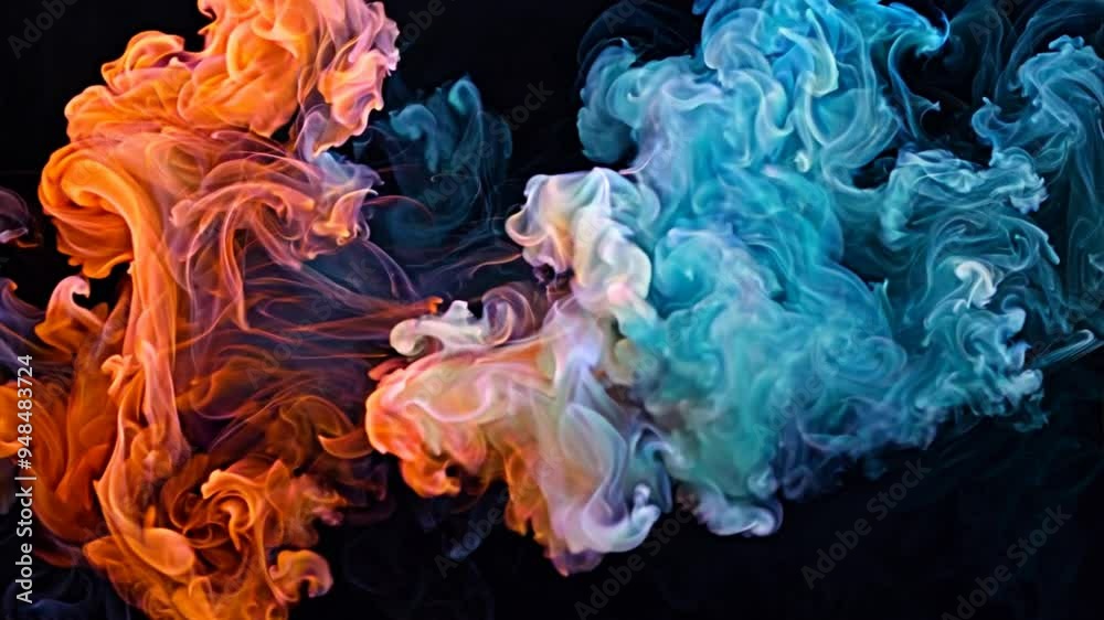 Abstract Ink Swirls: Vibrant, swirling hues of blue, orange, and white ink create a mesmerizing abstract painting on a black background, evoking a sense of movement, energy, and artistic expression. Abstract Ink Swirls: Vibrant, swirling hues of blue, orange, and white ink create a mesmerizing abstract painting on a black background, evoking a sense of movement, energy, and artistic expression.