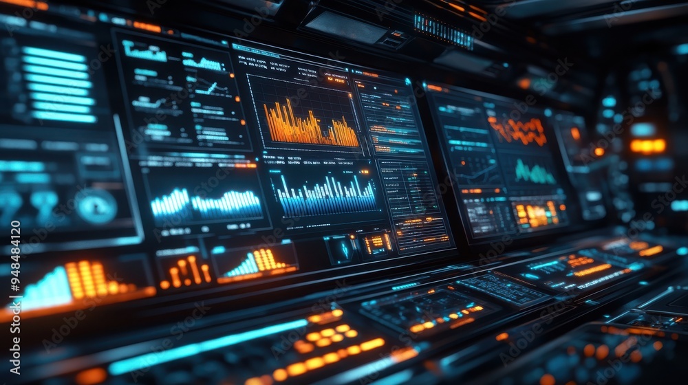 Futuristic control panel showcasing vibrant data visualizations and analytics, perfect for technology and innovation themes. Futuristic control panel showcasing vibrant data visualizations and analytics, perfect for technology and innovation themes.