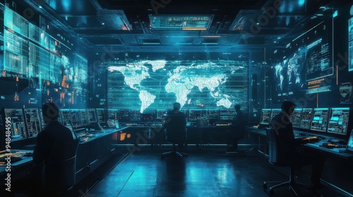 Futuristic control room with digital screens displaying world map and analytics  ideal for tech and security themes.