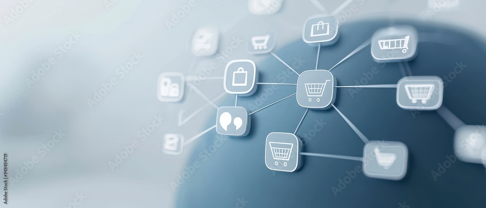 3D representation of a globe with interconnected digital shopping icons, modern and sleek