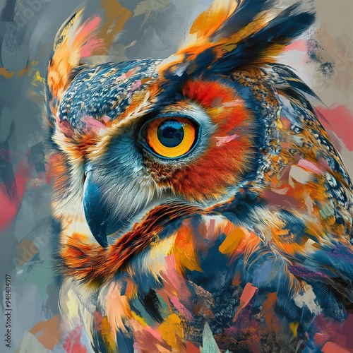 Abstract animal Owl portrait with colorful double exposure paint effect. Abstract animal Owl portrait with colors. close-up of a bird photo