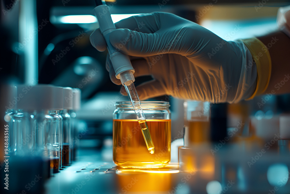 Close-up of a laboratory technician using a pipette to extract liquid in a scientific setting, emphasizing research, analysis, and precision Close-up of a laboratory technician using a pipette to extract liquid in a scientific setting, emphasizing research, analysis, and precision